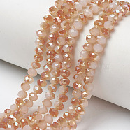 Electroplate Glass Beads Strands, Imitation Jade Beads, Half Plated, Rainbow Plated, Faceted, Rondelle, Light Salmon, 6x5mm, Hole: 1mm, about 85~88pcs/strand, 16.1~16.5 inch(41~42cm)(EGLA-A034-J6mm-J02)