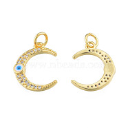 Brass Micro Pave Clear Cubic Zirconia Pendants, with Enamel, Nickel Free, Moon with Evil Eye, Real 18K Gold Plated, 16.5x13x2mm, Hole: 3mm(KK-N227-104)