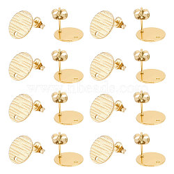 30Pcs Ion Plating(IP) 304 Stainless Steel Ear Stud Findings, with Hole and Friction Ear Nuts, Flat Round with Cross Grain, Golden, 12mm, Hole: 1.2mm, Pin: 0.8mm(STAS-UN0042-95)