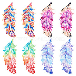 16Pcs 4 Colors Spray Painted 430 Stainless Steel Pendants, Etched Metal Embellishments, Feather, Mixed Color, 47x19x0.6mm, Hole: 1mm, 4pcs/color(STAS-BY0001-20)