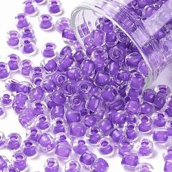 6/0 Glass Seed Beads, Transparent Inside Colours, Round Hole, Round, Blue Violet, 6/0, 4~5x2.5~4.5mm, Hole: 1.2mm, about 1000pcs/100g(X1-SEED-A014-4mm-135B)