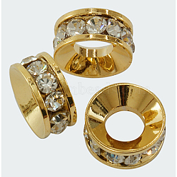 Brass Rhinestone Spacer Beads, Grade A, Rondelle, Golden, about 12mm in diameter, 5mm thick, hole: 6mm(X-RSB301-G)