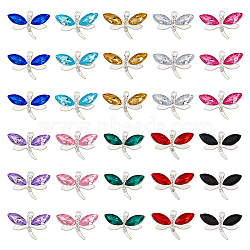 40Pcs 10 Colors Alloy with Acrylic Rhinestone Pendants, Silver, Dragonfly Charms, Mixed Color, 19x31.5x5.5mm, Hole: 2mm, 4pcs/color(RB-DC0001-05)
