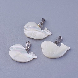 Shell Pendants, with Brass Findings, Whale Shape, Platinum, 15~15.5x19~19.5x3mm, Hole: 2.5x5mm(SSHEL-E571-02P)