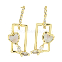 Heart with Butterfly Brass Clear Cubic Zirconia Stud Earrings, with Shell, Lead Free & Cadmium Freeree, Real 18K Gold Plated, 23x13mm(EJEW-Q390-06G)