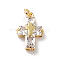 Rack Plating Brass Micro Pave Cubic Zirconia Pendants, Cadmium Free & Lead Free, Real 18K Gold Plated, Cross, Clear, 21.5x14x5.5mm, Hole: 3mm(KK-A160-05G)