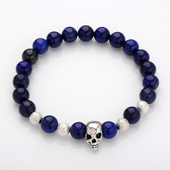 Unique Design Skull Gemstone Beaded Stretch Bracelets, with Alloy Beads and Brass Textured Beads, Lapis Lazuli(Dyed), 53mm