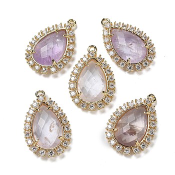 Natural Amethyst Faceted Teardrop Pendants, Rack Plating Brass Micro Pave Clear Cubic Zirconia Drop Charms, Golden, 25x16.5x5.5mm, Hole: 1.4mm