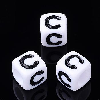 Letter Acrylic Beads, Cube, White, Letter C, Size: about 7mm wide, 7mm long, 7mm high, hole: 3.5mm, about 2000pcs/500g
