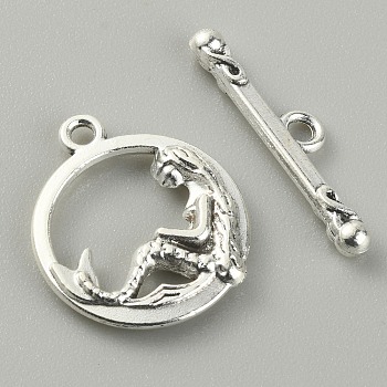 Tibetan Style Alloy Toggle Clasps, Ring with Mermaid, Antique Silver, Round: 19.5x16.5x2.5mm, Inner Diameter: 9x11mm, T-bar: 23x5.5x3mm, Hole: 1.6mm, 2pcs/set