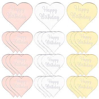 30Pcs 3 Colors Birthday Theme Acrylic Ornaments, Heart with Word HAPPY BIRTHDAY, for Cake Decoration, Mixed Color, 46x49x1.5mm, 10pcs/color