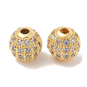 Brass Micro Pave Clear Cubic Zirconia Beads, Round, Real 18K Gold Plated, 8.5x8mm, Hole: 1.8mm