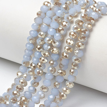 Electroplate Glass Beads Strands, Imitation Jade Beads, Half Plated, Rainbow Plated, Faceted, Rondelle, Light Steel Blue, 4x3mm, Hole: 0.4mm, about 123~127pcs/strand, 16.5~16.9 inch(42~43cm)