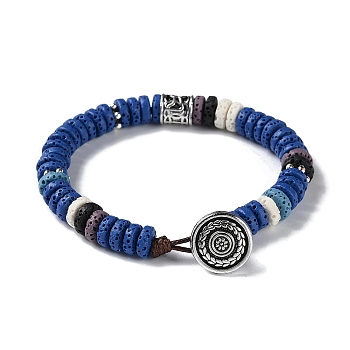 Dyed Natural Lava Rock Disc Beaded Bracelet, with Brass Flower Clasp, Royal Blue, 7-7/8 inch(20cm)