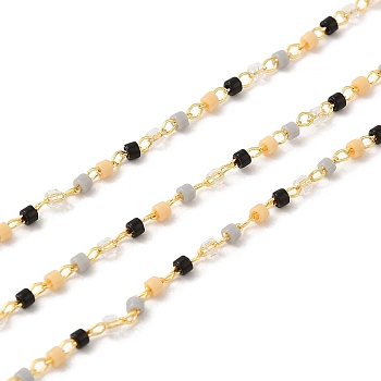 Glass Column Beaded Chains, with Rack Plating Golden Brass Cable Chain, Soldered, with with Card Paper, Black, Beads: 1.7x1.3mm, Ring: 2x1.6x0.7mm