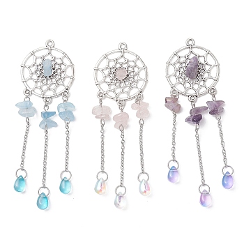 3Pcs 3 Styles Alloy Woven Net with Teardrop Big Pendants, with Natural Amethyst & Rose Quartz & Aquamarine Chip and Glass Tassel, Antique Silver & Stainless Steel Color, 90~90.5x28x6~7mm, Hole: 2mm, 1pc/style
