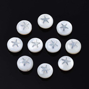 Natural Freshwater Shell Beads, with Brass Metal Embellishments, Flat Round with Star, Platinum, 8x4~5mm, Hole: 0.6mm