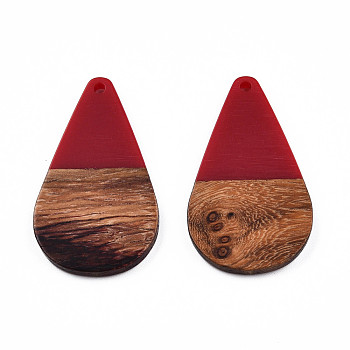 Opaque Resin & Walnut Wood Pendants, Teardrop Shape Charm, Dark Red, 38x22x3mm, Hole: 2mm