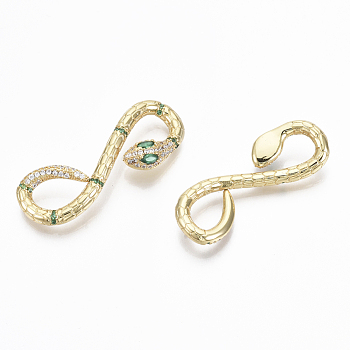 Brass Micro Pave Cubic Zirconia Cabochons, Nickel Free, Snake, Clear & Green, Real 18K Gold Plated, 38.5x14x6mm