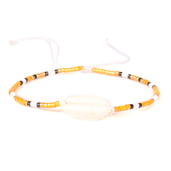 Natural Cowrie Shell & Seed Braided Bead Bracelet, Adjustable Bracelet for Women, Gold, 11 inch(28cm)