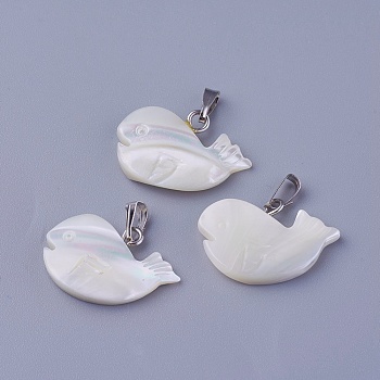 Shell Pendants, with Brass Findings, Whale Shape, Platinum, 15~15.5x19~19.5x3mm, Hole: 2.5x5mm