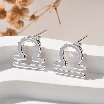 S925 Sterling Silver Stud Earrings, Silver, Twelve Constellations, Libra, 8x8.5mm