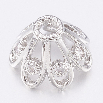 Brass Micro Pave Cubic Zirconia Bead Caps, Clear, Platinum, 9.5x6mm, Hole: 1.8mm