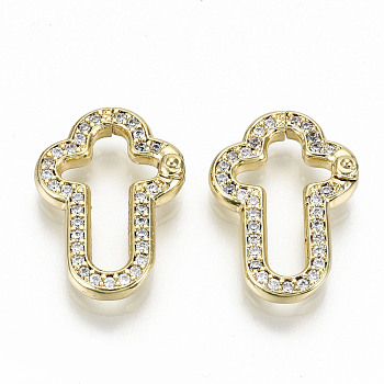 Brass Micro Pave Clear Cubic Zirconia Twister Clasps, Nickel Free, Cross, Real 16K Gold Plated, 19x13x2.5mm, Inner Diameter: 8.5x14mm