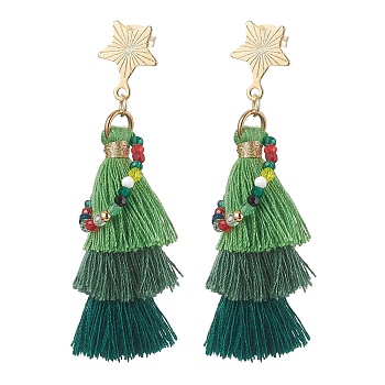 201 Stainless Steel Stud Earrings, with Glass Bead and Polycotton Tassel, Christmas Tree, Green, Golden, 55x25mm