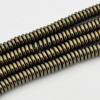 Flat Round/Disc Non-magnetic Synthetic Hematite Beads Strands, Heishi Beads, Imitation Pyrite, Antique Bronze Plated, 4x1mm, Hole: 0.5mm, about 313pcs/strand, 16 inch