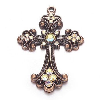 Alloy Rhinestone Big Pendants, Budded Cross, Nickel Free, Red Copper, Crystal AB, 74x50x6mm, Hole: 3mm