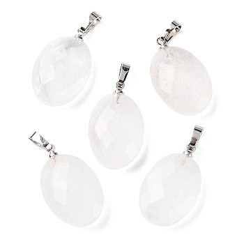 Natural Quartz Crystal Pendants, Rock Crystal Pendants, Faceted Oval Charms with Platinum Plated Brass Snap on Bails, 21.8x13.4~13.5x6.2mm, Hole: 5.3x3.7mm