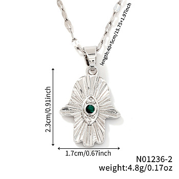 Chic Minimalist Brass Green Cubic Zirconia Hamsa Hand Pendant Dapped Chain Necklace for Women, Platinum, 15.75 inch(40cm)