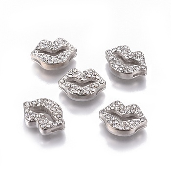 Alloy Rhinestone Slide Charms, Cadmium Free & Lead Free, Platinum, about 17mm wide, 12mm long, 4.5mm thick, hole: 1.5mm wide, 8mm long