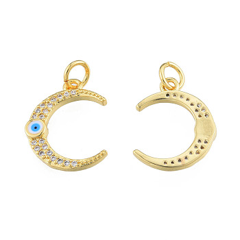Brass Micro Pave Clear Cubic Zirconia Pendants, with Enamel, Nickel Free, Moon with Evil Eye, Real 18K Gold Plated, 16.5x13x2mm, Hole: 3mm