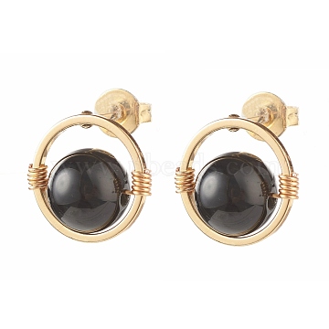Natural Obsidian Round Beads Stud Earrings for Girl Women, Wire Wrap Brass Earring, Golden, 12.5x12mm, Pin: 0.7mm(EJEW-JE04666-04)