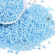 Lustered Glass Seed Beads, Peanut, Light Sky Blue, 3.5x6x3.5mm, Hole: 0.8mm, about 4500pcs/pound(SEED-K010-04B)