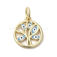 Brass Enamel Charms, with Jump Ring, Real 18K Gold Plated, Flat Round with Tree & Evil Eye Charm, Light Sky Blue, 15x13.5x1.4mm, Hole: 3.6mm(KK-E092-15G-02)
