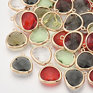 Faceted Glass Pendants, with Golden Tone Brass Open Back Settings, Oval, Mixed Color, 16x15.5x4~5mm, Hole: 1.2mm(X-GLAA-T010-017)