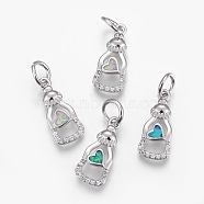 Brass Micro Pave Cubic Zirconia Pendants, with Synthetic Opal, Bottle, Platinum, Mixed Color, 22.5mm, Hole: 4.5mm(ZIRC-F091-01-P)