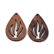 Walnut Wood Laser Cut Pendants, Hollow Charms, Undyed, Teardrop, 40x26.5x2.3mm, Hole: 1.6mm(WOOD-Q051-04A)