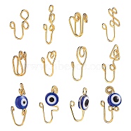 12Pcs 12 Style Evil Eye & Wire Wrap Brass Nose Rings, Nose Cuff Non Piercing, Clip on Nose Ring for Women Men, Golden, 14~23x5.5~13x7~11mm, Hole: 1.5mm, 1pc/style(KK-SZ0004-82)