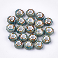Handmade Porcelain Beads, Fancy Antique Glazed Porcelain, Large Hole Beads, Rondelle, Steel Blue, 15x8mm, Hole: 6mm(PORC-S498-05I)