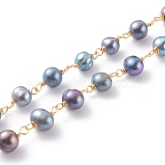Handmade cultured Freshwater Pearl Beaded Chains, with Copper Wire, Soldered, Real 18K Gold Plated, 6~10x7~9x4~7mm, 39.37 inch(1m)/strand(X1-AJEW-JB00949-03)