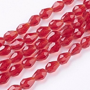 Glass Beads Strands, Faceted, teardrop, Red, 6x4mm, Hole: 1mm, about 65~68pcs/strand, 14.96~15.35 inch(X-GLAA-R024-6x4mm-14)