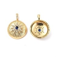 Brass Micro Pave Clear Cubic Zirconia Pendants, with Glass, Flat Round with Sun Charm, Real 18K Gold Plated, 21.5x16.5x5mm, Hole: 2.3x3.6mm(KK-E068-VF327)