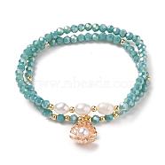 Faceted Glass Bead Stretch Bracelets, Stackable Bracelets, with Brass Bead, Natural Cultured Freshwater Pearl Bead and Alloy & Imitation Pearl Charms, Shell Shape, Golden, Turquoise, Inner Diameter: 2-1/4 inch(5.7cm), 2pcs/set(BJEW-JB05488-04)
