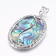 Abalone Shell/Paua Shell Pendants, with Brass Findings, Oval, Platinum, 44x30.5x3mm, Hole: 4x6mm(SSHEL-P014-20)