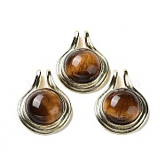 Natural Tiger Eye Pendants, Rack Plating Golden Plated Brass Half Round Charms, Cadmium Free & Lead Free, 28x22.5x10mm, Hole: 2x4mm(G-M405-06G-04)