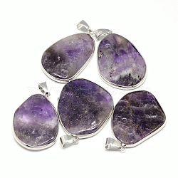 Natural Amethyst Pendants, with Iron Findings, Nuggets, Platinum, 42~50x29~36x4~7mm, Hole: 6x9mm(G-Q481-110)